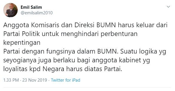 Cuitan Emil Salim soal kabinet dari parpol (Twitter/emilsalim2010)