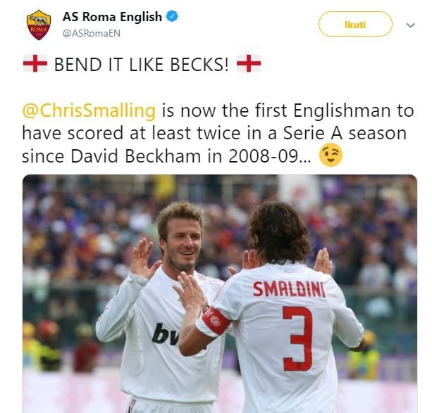 Smalling samai rekor Beckham di Serie A Italia. (Twitter/@ASRomaEN).