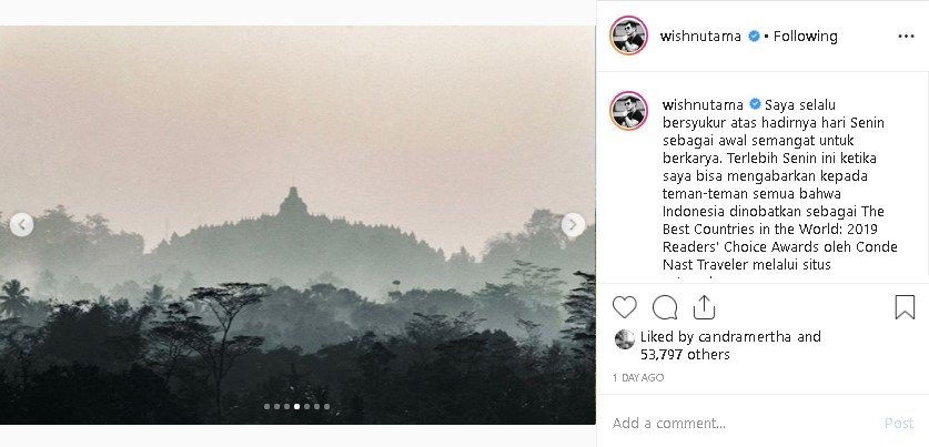 Postingan Wishnutama, Indonesia Negara Terbaik Dunia Versi Conde Nast Traveler. (Instagram/@wishnutama)