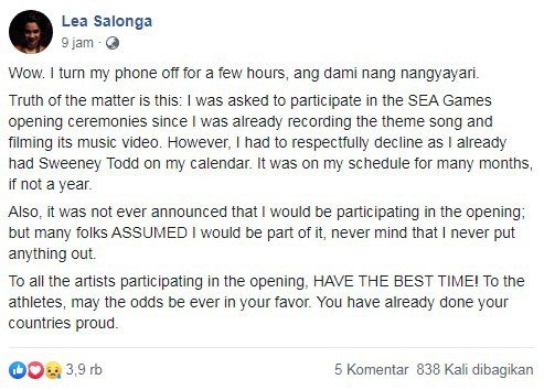 Penyanyi kenamaan Filipina, Lea Salonga, mem-posting alasannya tak bisa tampil pada Upacara Pembukaan SEA Games 2019. [Facebook/Lea Salonga]