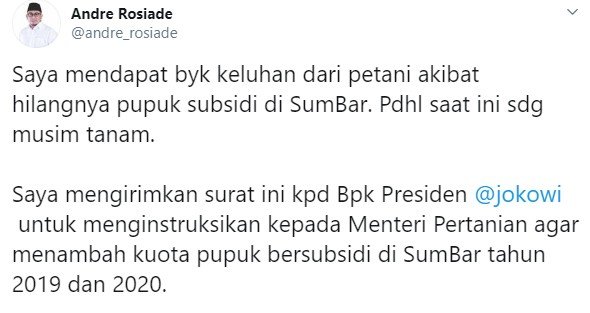 Andre surati Jokowi soal kelangkaan pupuk di Sumbar (Twitter/andre_rosiade)