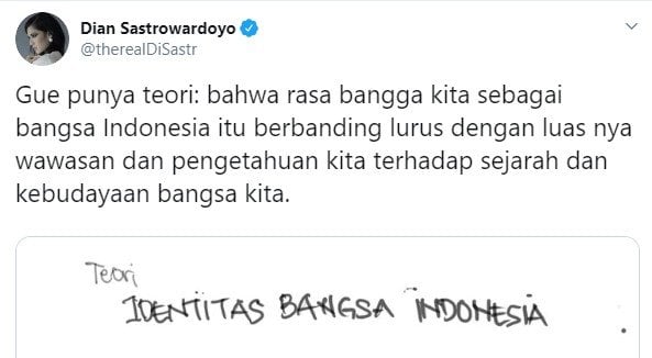 Dian Sastrowardoyo membuat teori identitas bangsa Indonesia (Twitter/therealdisastr)