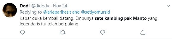 Warganet ikut berbela sungkawa atas meninggalnya Pak Manto peracik tengkleng legendaris. (Twitter/@didody)