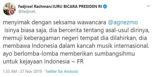 Fadjroel Rachman membela Agnez Mo (Twitter/fadjroel)