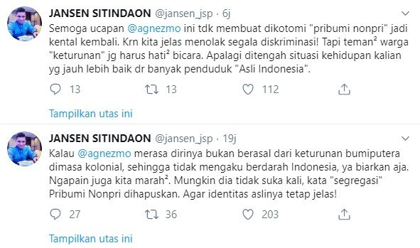 Politisi Demokrat Jansen Sitindaon angkat bicara soal pernyataan Agnez Mo (Twitter/jansen_jsp)