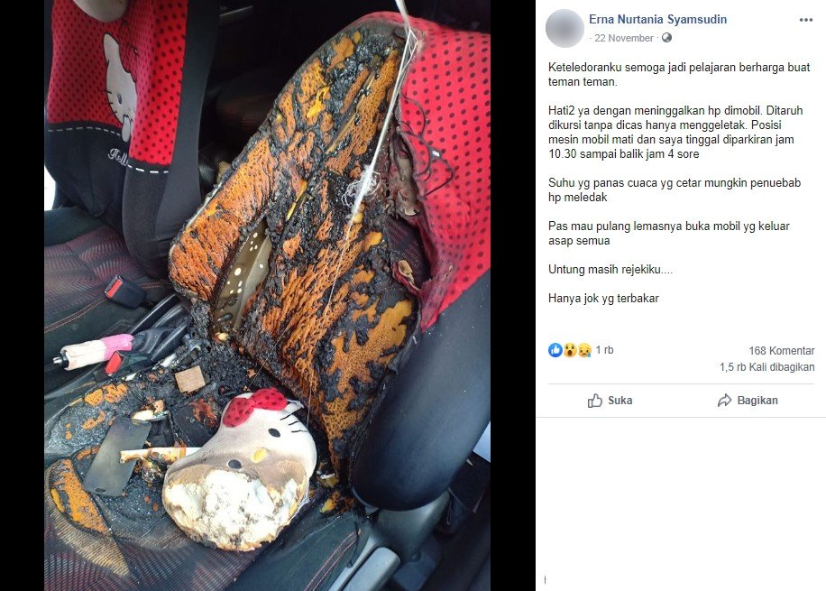 Mobil terbakar karena smartphone meledak. (Facebook)