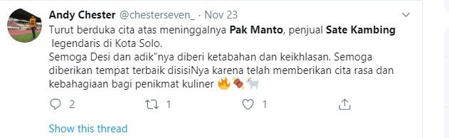 Warganet ikut berbela sungkawa atas meninggalnya Pak Manto peracik tengkleng legendaris. (Twitter/@chesterseven_)