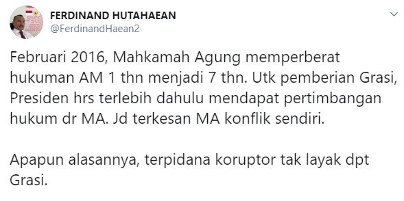 Politisi Ferdinand Hutahaean menolak pemberian grasi untuk koruptor (Twitter/ferdinandhaean2)