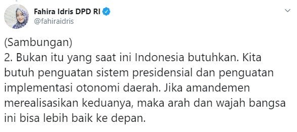 Anggota DPD Fahira Idris soal usulan presiden 3 periode (Twitter/fahiraidris)