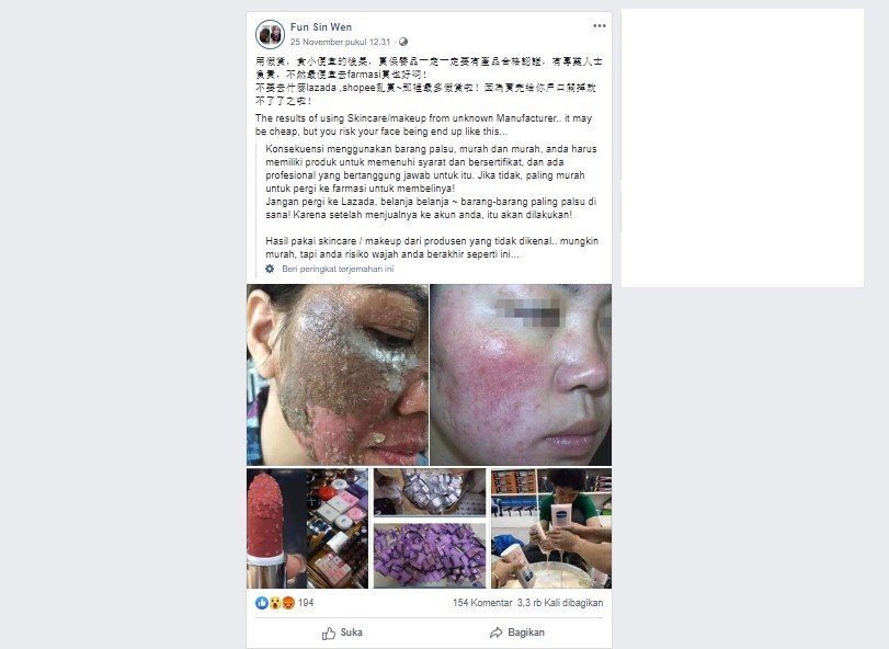 Unggahan pengguna Facebook asal Malaysia tentang pentingnya teliti dalam membeli makeup (Facebook)