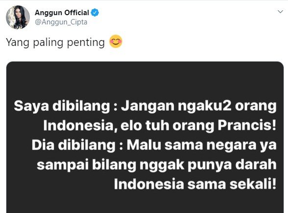 Tanggapan Anggun C Sasmi soal Agnez Mo tak berdarah Indonesia (Twitter/anggun_cipta)