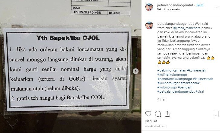 Kebijakan warung bakmi di Yogyakarta yang akan ganti rugi orderan fiktif. (Instagram/@petualanganduogendut)