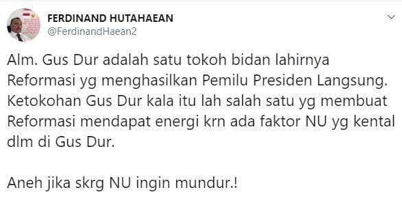 Tanggapan Ferdinand Hutahaean soal usulan NU presiden dipilih MPR (Twitter/ferdinandhaean2)