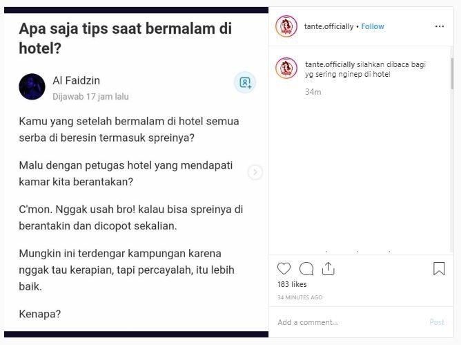 Tips Sebelum Check Out di Hotel (instagram.com/tante.officially)