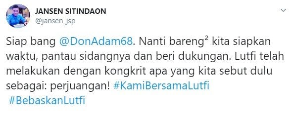 Jansen Sitindaon janji akan kawal peradilan LA pembawa bendera saat demo (Twitter/jansen_jsp)