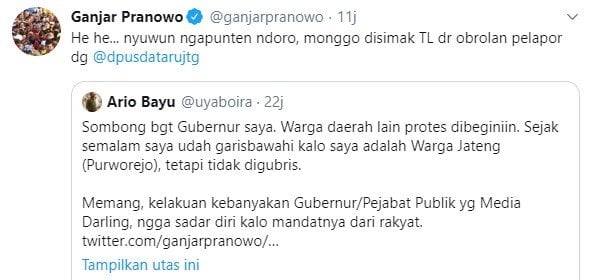 Cuitan Gubernur Jateng Ganjar Pranowo dikecam warganet (Twitter)