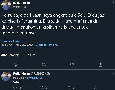 Cuitan Refly Harun yang ingin angkat Said Didu jadi Komut Pertamina. (Twitter/@ReflyHZ)