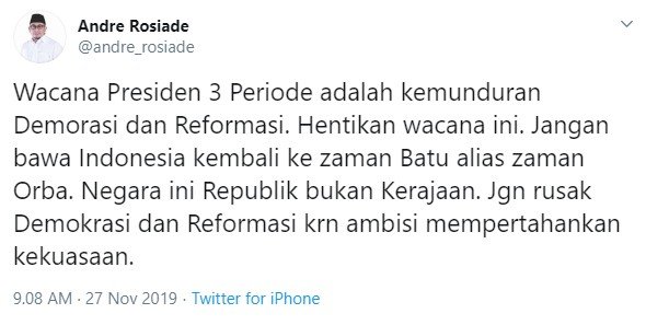 Tanggapan Andre Rosiade soal wacana presiden 3 periode (Twitter/andre_rosiade)