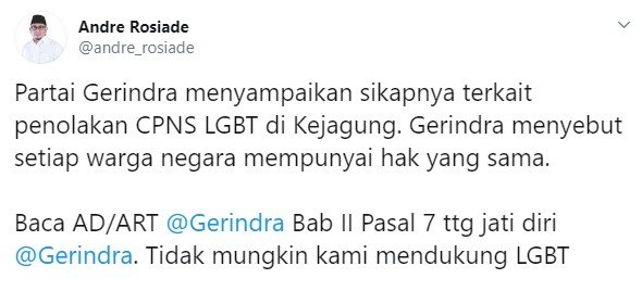 Penjelasan Gerindra disebut dukung CPNS LGBT (Twitter/andre_rosiade)