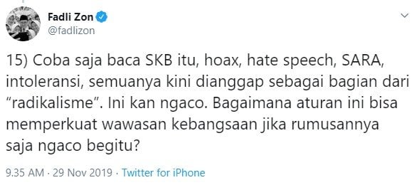 Komentar Fadli Zon soal SKB 11 Menteri (Twitter/fadlizon)