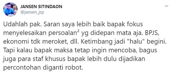 Tanggapan Jansen Sitindaon soal rencana mengganti ASN dengan robot (Twitter/jansen_jsp)