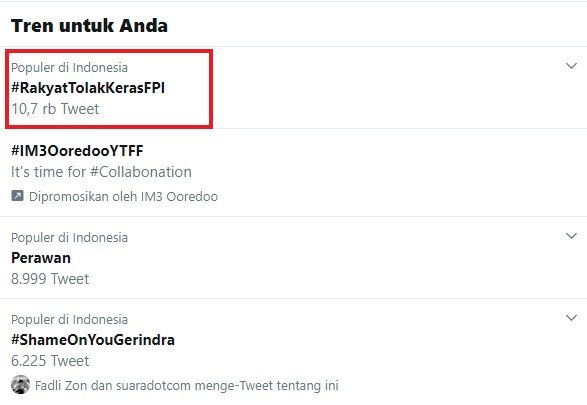 Tagar #RakyatTolakKerasFPI menggema di jejaring sosial Twitter (Twitter)