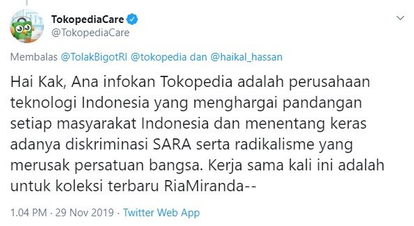 Klarifikasi Tokopedia yang telah mengundang Ustaz Haikal Hassan (Twitter/tokopediacare)