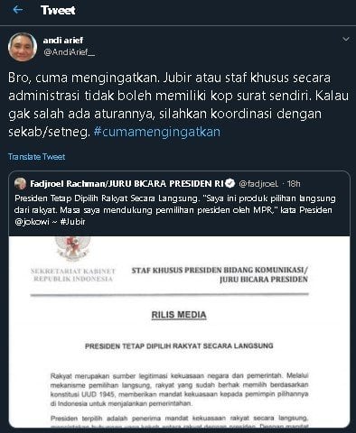 Cuitan Andi Arief soal rilis jubir Fadjroel terkait presiden dipilih MPR. (Twitter/@AndiArief_)