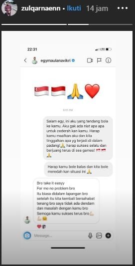 Pemain Timnas Singapura U-22, Muhammad Zulqarnaen, minta maaf ke Egy Maulana. (Instagram/@zulqarnaenn).