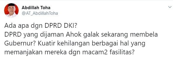 Tanggapan Abdillah Toha soal vonis BK DPRD DKI terkait anggaran lem aibon (Twitter/at_abdillahtoha)