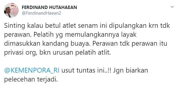 Ferdinand meradang mengetahui kabar atlet diusir karena tak perawan (Twitter/ferdinandhaean2)