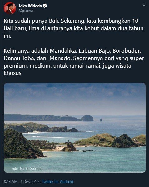 Pemerintah Kembangkan 10 'Bali' Baru. Tangkapan layar (twitter.com/jokowi)