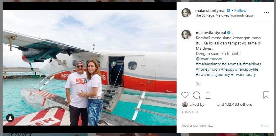 Maia Estianty dan Irwan Mussry di Maldives (instagram.com/maiaestiantyreal)