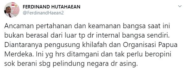 Ferdinand Huhatahean menyindir Menhan Prabowo (Twitter/ferdinandhaean2)