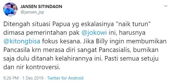 Jansen Sitindaon angkat bicara soal pernyataan Billy Mambrasar (Twitter/jansen_jsp)