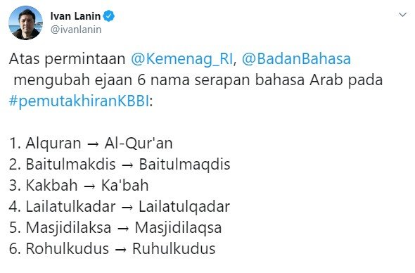 Perubahan ejaan 6 nama serapan bahasa Arab (Twitter/ivanlanin)