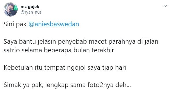 Driver ojol beberkan bukti penyebab Jokowi kena macet di Jalan Satrio (Twitter/ryan_nus)