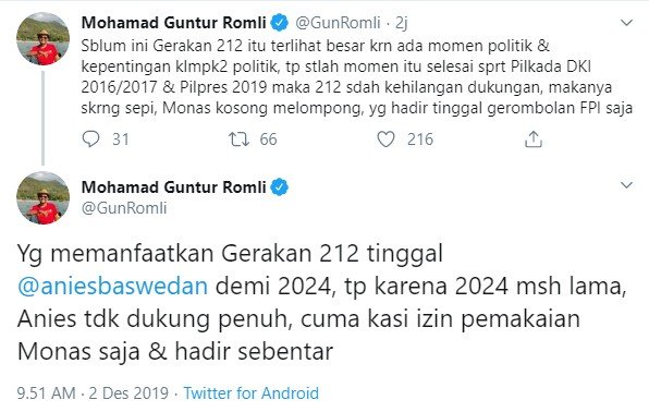 Cuitan Guntur Romli soal 212 (Twitter/gunromli)