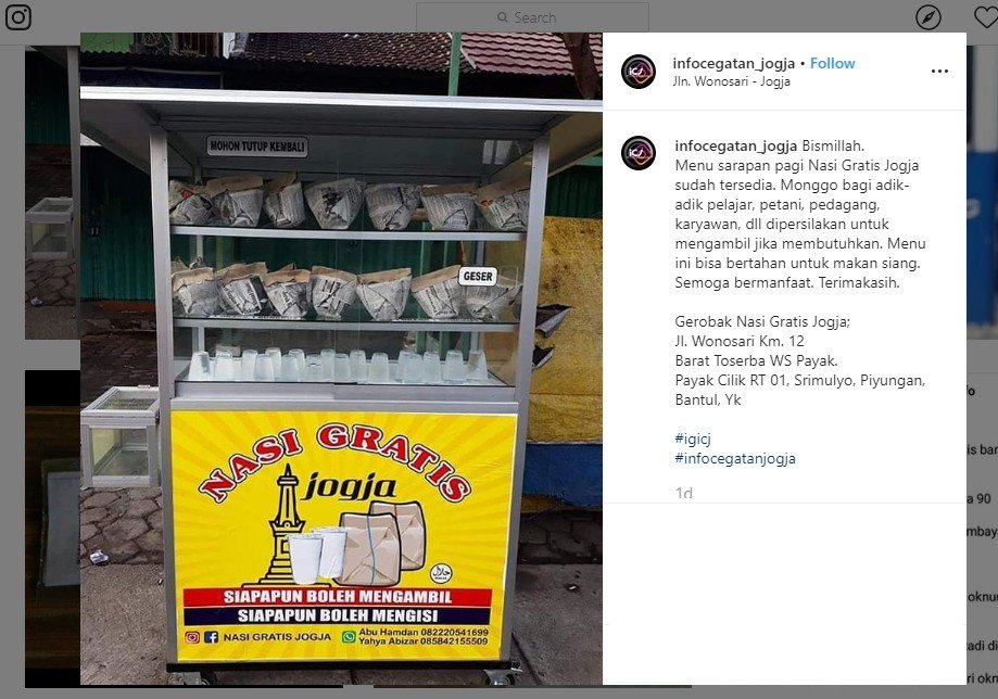 Gerakan Nasi Gratis di Jogja, Siapapun Boleh Mengambil dan Mengisi. (instagram.com/infocegatan_jogja)