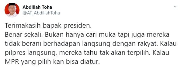 Cuitan pendiri PAN soal presiden 3 periode dan dipilih MPR (Twitter/at_abdillah)