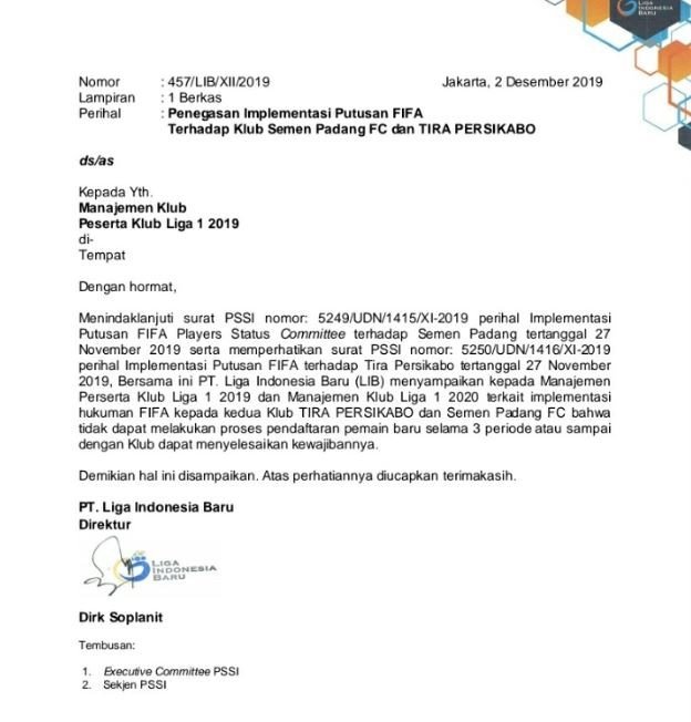 Surat putusan dari PT LIB kepada manajemen Semen Padang dan Tira-Persikabo.