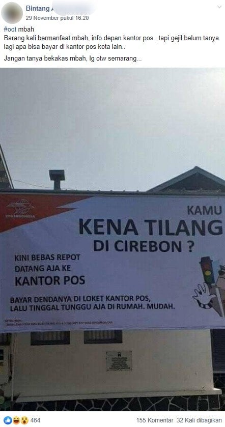 Pembayaran tilang di Cirebon via kantor pos. (Facebook)