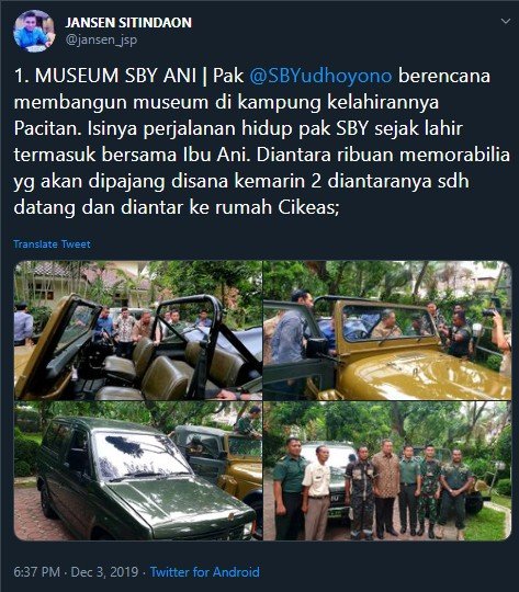 Mobil yang dipakai Presiden SBY saat masih aktif menjadi tentara. (Twitter)