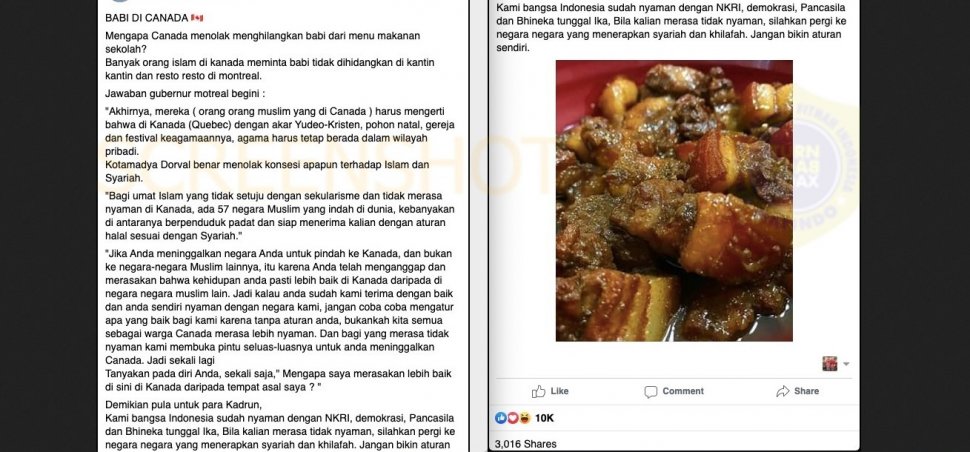 Tangkapan layar unggahan akun Anggoro Ruwanto terkait isu menu makanan dari babi di Kanada. [FB/captured]