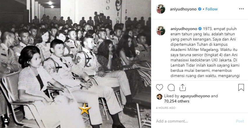 SBY kenang pertemuan pertamanya dengan Ani Yudhoyono (Instagram/aniyudhoyono)