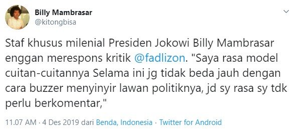 Cuitan Billy Mambrasar yang sebut Fadli Zon buzzer (Twitter/kitongbisa)