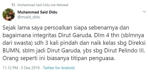 Said Didu duga Ari Askhara merupakan titipan penguasa (Twitter/msaid_didu)