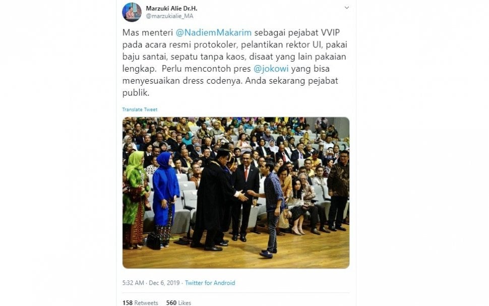 Marzuki Alie mengkritik penampilan Nadiem Makarim (twitter @marzukialie_MA)