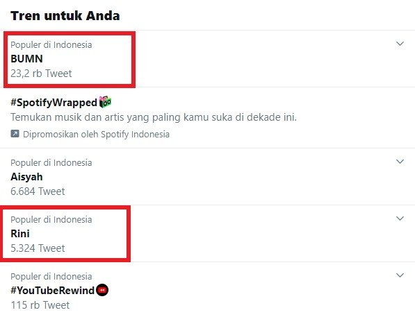 Rini dan BUMN jadi trending topic di Twitter (Twitter)