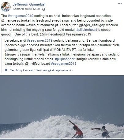 Aksi mulia Roger Casugay menyelamatkan Arip Nurhidayat di SEA Games 2019. (Facebook/@Jefferson Ganuelas).